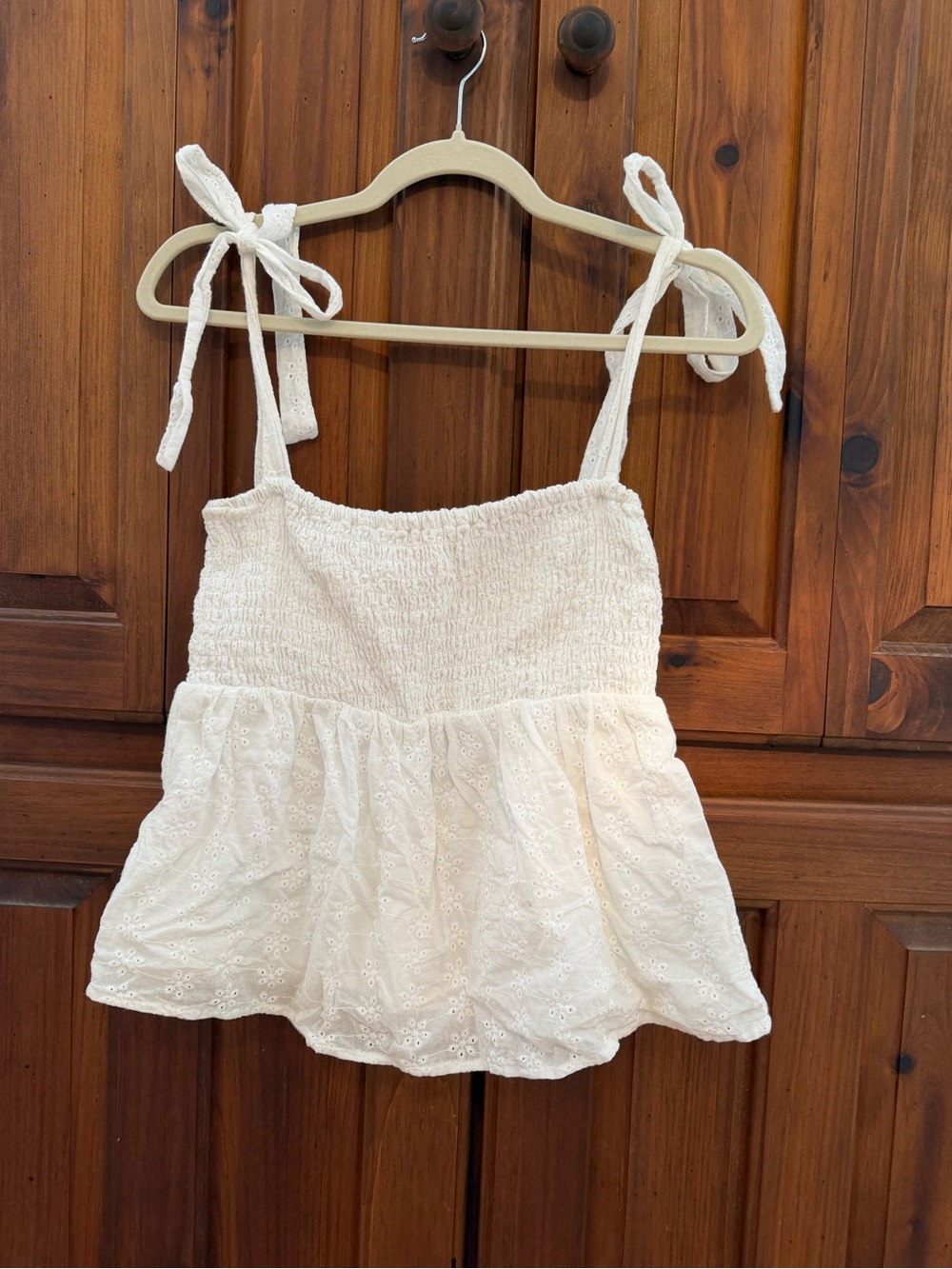 Pink Lily Cream Tie-Shoulder Eyelet Peplum Top